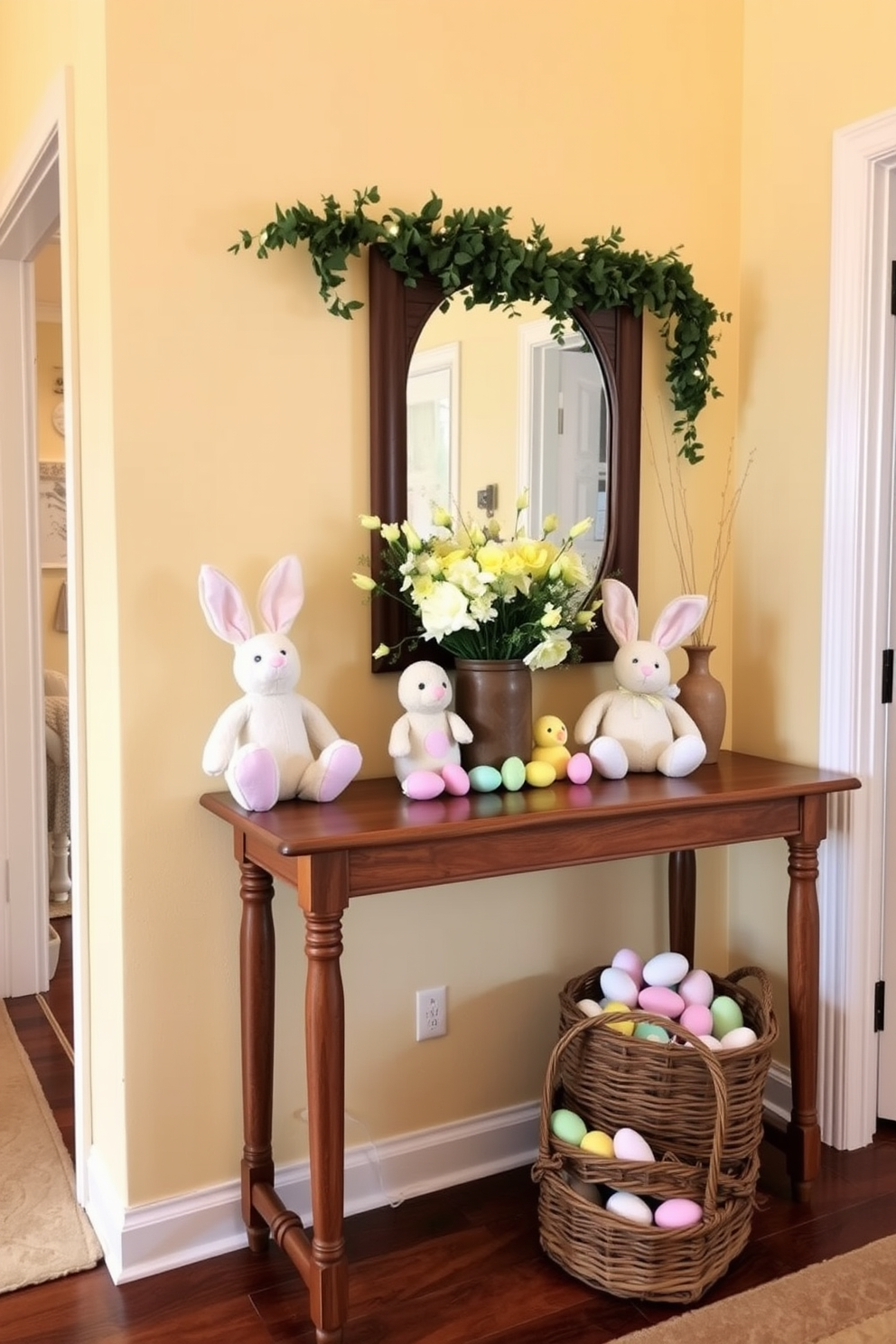 A cozy hallway adorned with Easter decorations. Bunny and chick plush toys are neatly displayed on a wooden console table, surrounded by pastel-colored eggs and fresh spring flowers in a rustic vase. The walls are a soft yellow, enhancing the festive ambiance, while a garland of faux greenery and small lights hangs above the entryway mirror. A woven basket filled with decorative eggs sits on the floor next to the table, completing the cheerful Easter theme.