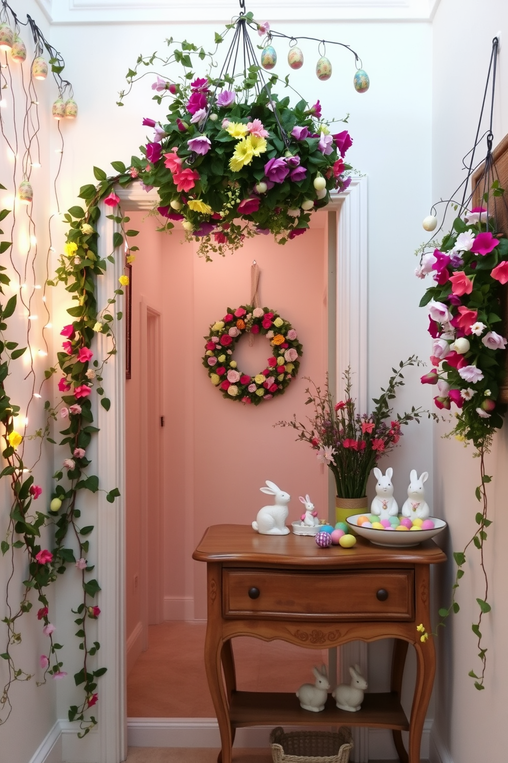 Hanging floral arrangements above doorways: A charming entryway adorned with hanging floral arrangements featuring a mix of cascading ivy and vibrant seasonal flowers. The doorway itself is framed with delicate fairy lights, highlighting the lush greenery and colorful blooms that create a welcoming, whimsical atmosphere. Hallway Easter Decorating Ideas: A bright and cheerful hallway decorated for Easter, with pastel-colored garlands draped along the walls and a series of small, intricately painted Easter eggs hanging from the ceiling. A vintage wooden console table is adorned with a festive Easter wreath, a collection of ceramic bunnies, and a bowl filled with colorful candy eggs, adding a touch of holiday spirit to the space.