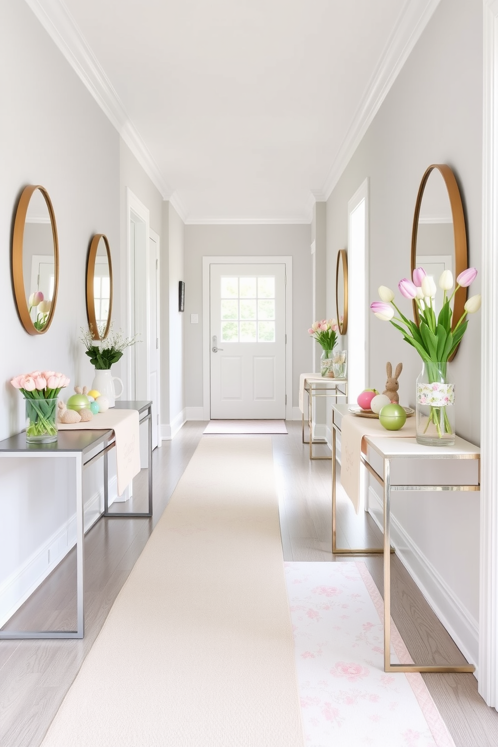 A bright and airy hallway adorned with pastel-colored runners on sleek console tables. The tables are placed against the walls, each runner showcasing delicate floral patterns in soft pinks, blues, and yellows, complementing the light gray walls and white trim. An inviting hallway decorated for Easter, featuring console tables adorned with pastel-colored runners and spring-themed decor. Each table is topped with decorative Easter eggs, bunny figurines, and fresh tulips in glass vases, creating a festive and welcoming atmosphere.