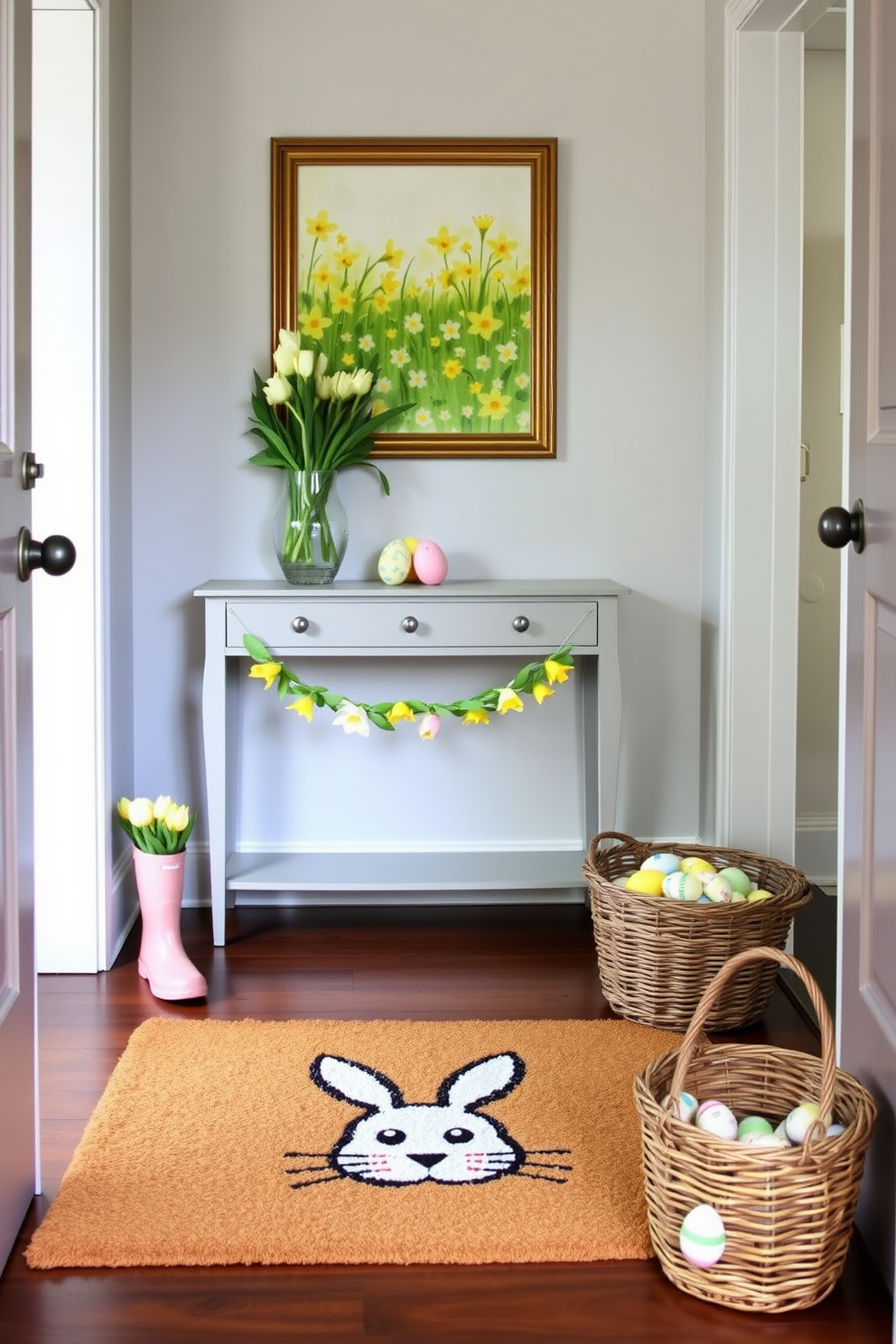 A festive hallway entrance featuring an Easter-themed coir doormat with a cheerful bunny design, welcoming guests with a touch of spring. The doormat is accompanied by a pair of pastel-colored rain boots filled with fresh tulips, adding a pop of color and seasonal charm. Inside the hallway, a console table is adorned with a decorative Easter egg garland and a vase of blooming daffodils. Above the table, a framed watercolor painting of a spring meadow enhances the Easter theme, while a wicker basket filled with painted eggs sits on the floor nearby, completing the inviting and festive atmosphere.