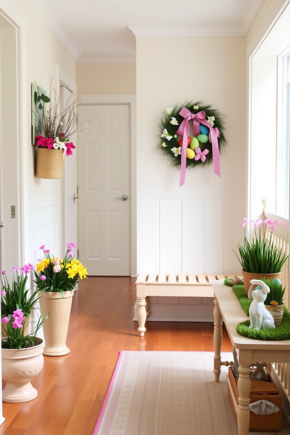 A bright and welcoming hallway adorned with potted spring flowers in each corner. The walls are painted in a soft pastel color, and a light wooden bench sits against one wall, adding to the fresh and airy feel. For Easter decorating ideas, consider placing a decorative wreath on the front door featuring colorful eggs and ribbons. Add small ceramic bunnies and baskets filled with faux grass and eggs on a console table, complemented by a soft rug in spring colors to complete the festive look.