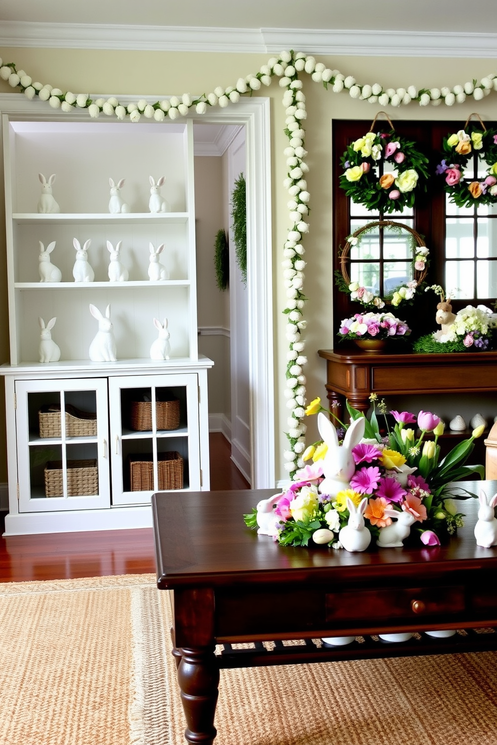 A cozy living room with bunny figurines delicately placed on wooden shelves and a coffee table. The shelves are painted white, contrasting with the dark wood of the table, and each bunny figurine is crafted from porcelain, adding a touch of whimsy to the space. A welcoming hallway adorned with Easter decorations, featuring pastel-colored garlands and floral wreaths. Small bunny figurines are nestled among vibrant spring flowers on a console table, creating a festive and cheerful atmosphere as you enter the home.