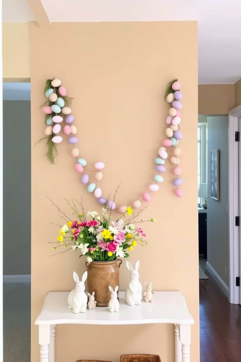 A cozy hallway adorned with festive Easter egg garlands. The garlands, in pastel colors, drape elegantly from wall sconces, creating a cheerful and inviting atmosphere. Beneath the garlands, a console table is decorated with a mix of ceramic bunnies and fresh spring flowers in a rustic vase. The walls are painted a soft, warm beige, complementing the vibrant hues of the Easter decorations.