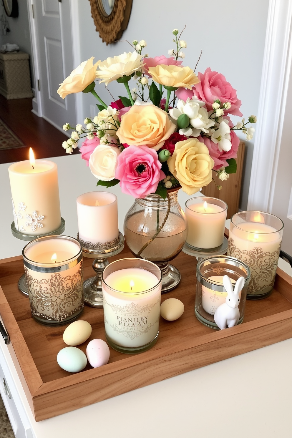 A collection of seasonal scented candles in decorative holders is arranged on a rustic wooden tray. The candles vary in size and color, featuring autumnal hues and wintery scents, each holder intricately designed with festive patterns and metallic accents. For hallway Easter decorating ideas, imagine a soft pastel color palette with light yellow, pink, and mint green. Adorn the hallway table with a centerpiece of fresh spring flowers in a vintage vase, and scatter decorative Easter eggs and bunny figurines around for a whimsical touch.