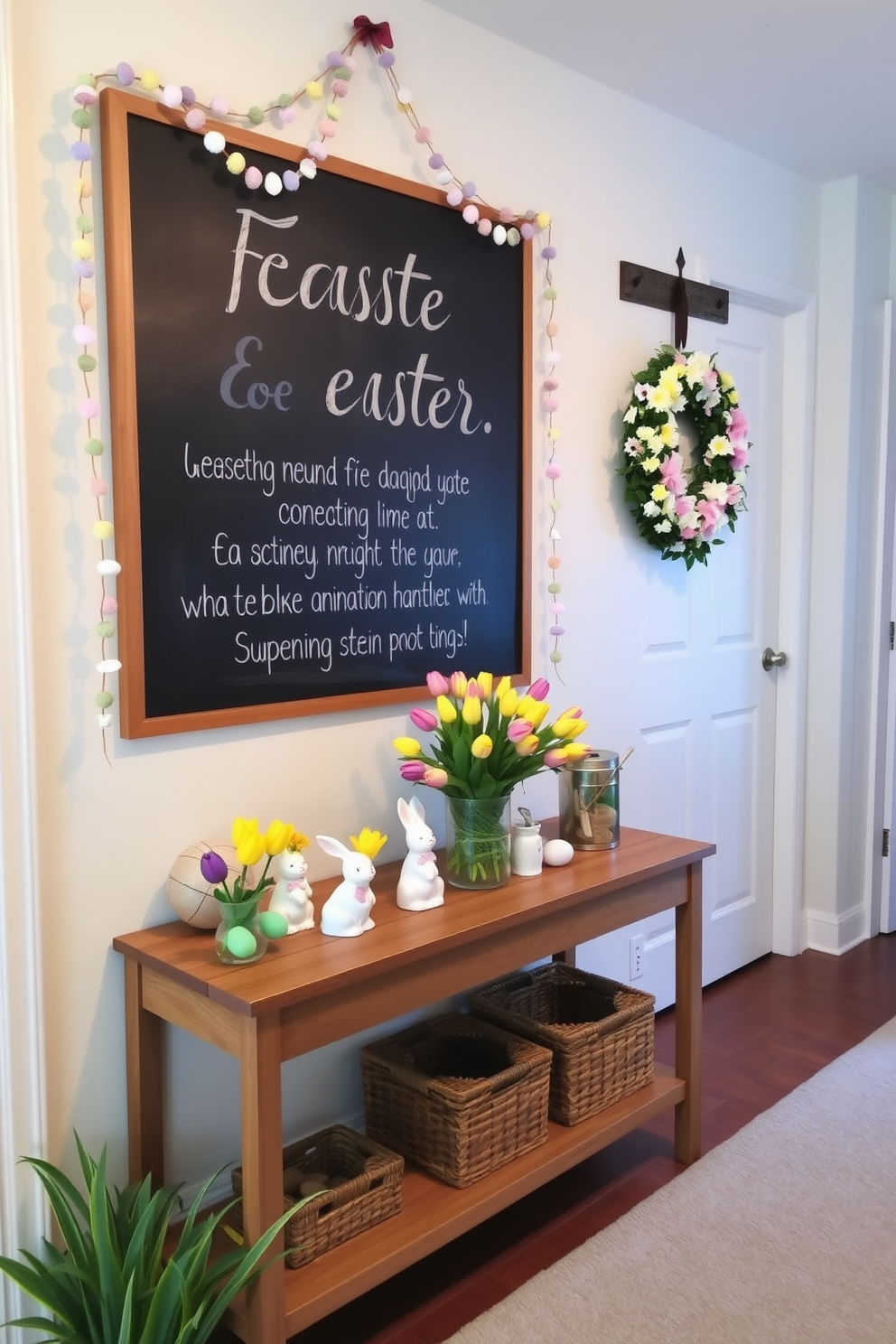 A cozy hallway adorned with Easter decorations. A chalkboard with festive Easter greetings or quotes hangs on the wall, surrounded by pastel-colored garlands and a wreath made of spring flowers. Below the chalkboard, a wooden console table is decorated with ceramic bunnies, colorful eggs, and a vase filled with fresh tulips. The walls are painted in a light, airy shade, and the floor is covered with a soft, neutral-toned rug.