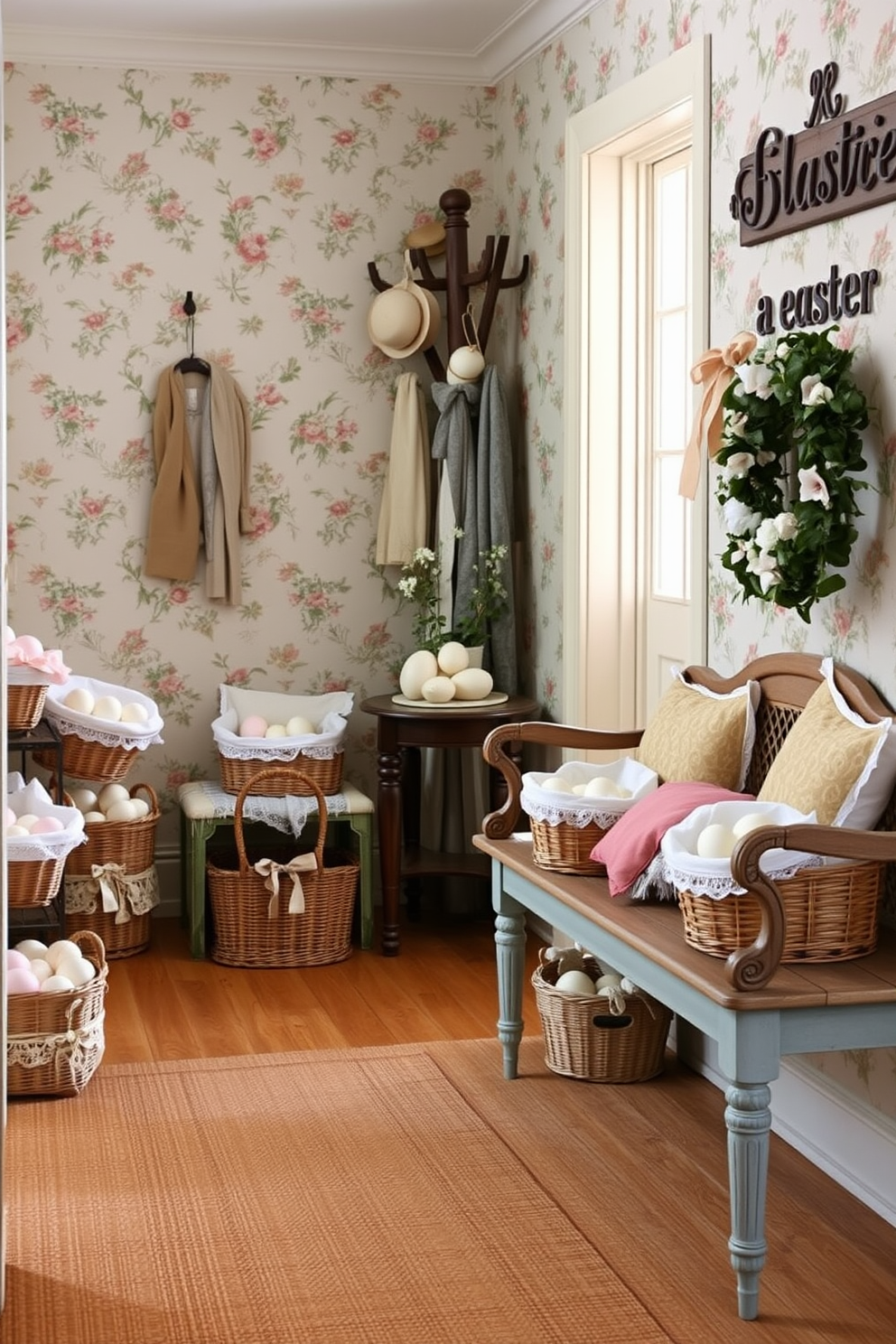 A cozy hallway adorned with vintage baskets filled with faux eggs, each basket lined with delicate lace and pastel-colored ribbons. The walls are adorned with floral wallpaper, and an antique wooden bench sits against one side, topped with a collection of plush, pastel cushions. In the corner, a tall, rustic coat rack holds a variety of spring-themed hats and scarves. A small table near the entrance displays a charming Easter wreath, while a soft, woven rug in muted tones adds warmth to the space.