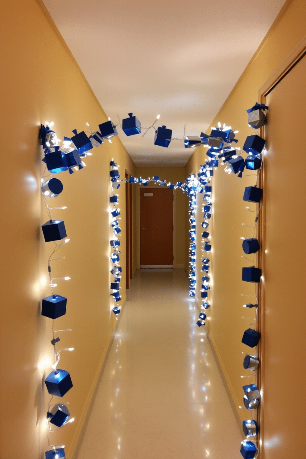 A festive hallway adorned with a blue and silver dreidel garland, creating a cheerful atmosphere for Hanukkah celebrations. The garland gracefully drapes along the walls, interspersed with twinkling fairy lights that enhance the holiday spirit.