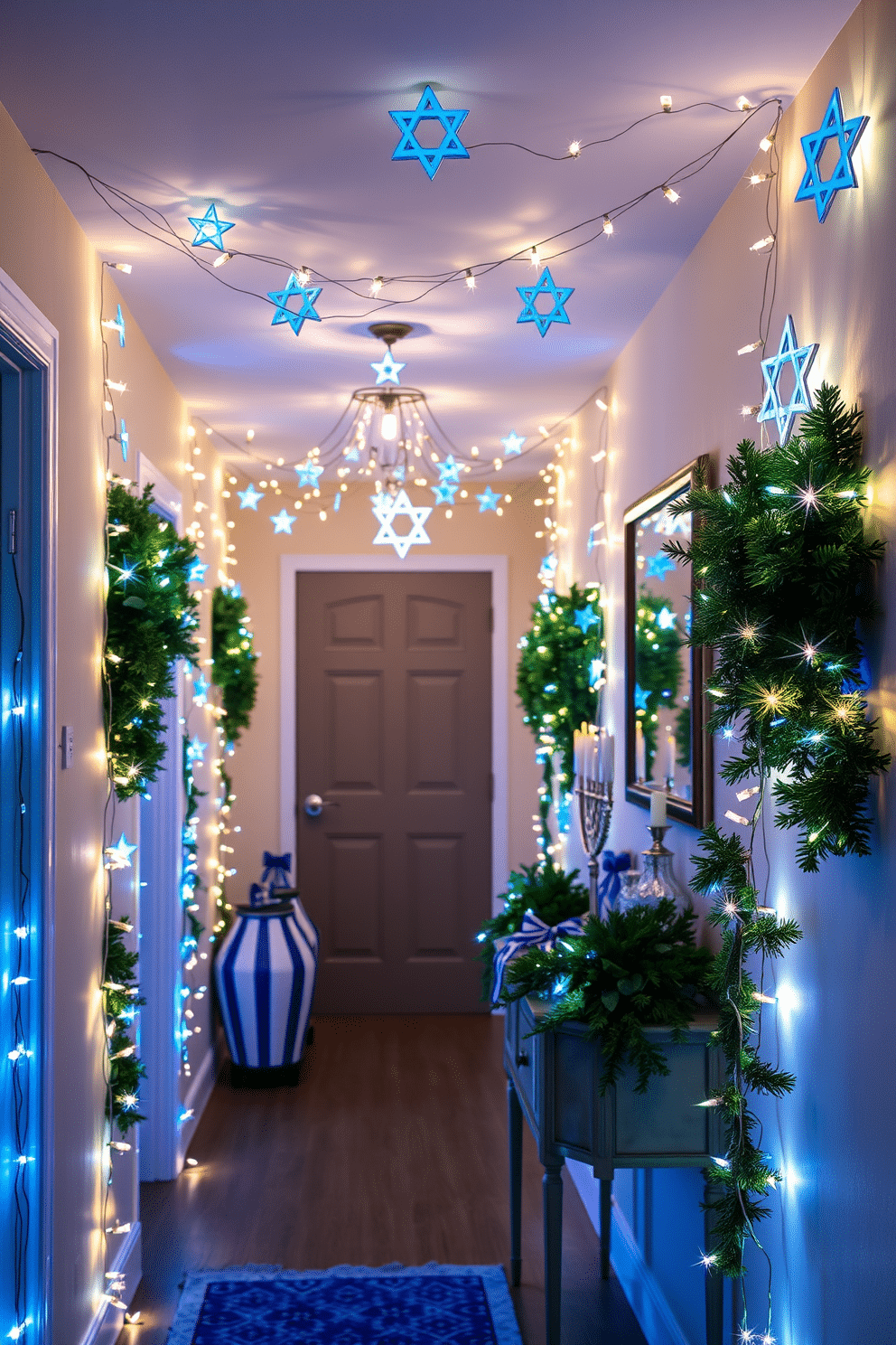 A cozy hallway adorned with Star of David fairy lights strung along the walls, creating a warm and inviting atmosphere. The lights twinkle softly, illuminating the space and enhancing the festive spirit of Hanukkah. Decorative elements include a vibrant blue and white color scheme, with a beautiful menorah displayed on a console table. Festive garlands of greenery are intertwined with the lights, adding a touch of nature to the holiday decor.