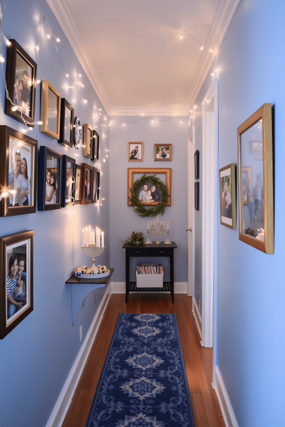 A cozy hallway adorned with Hanukkah-themed photo frames showcasing family memories. The walls are painted in a soft blue hue, and the frames are arranged in a gallery style, accented by string lights that twinkle softly. A festive runner rug in shades of blue and silver leads down the hallway, adding warmth to the space. On a small console table, a decorative menorah and a bowl of dreidels invite holiday cheer and celebration.