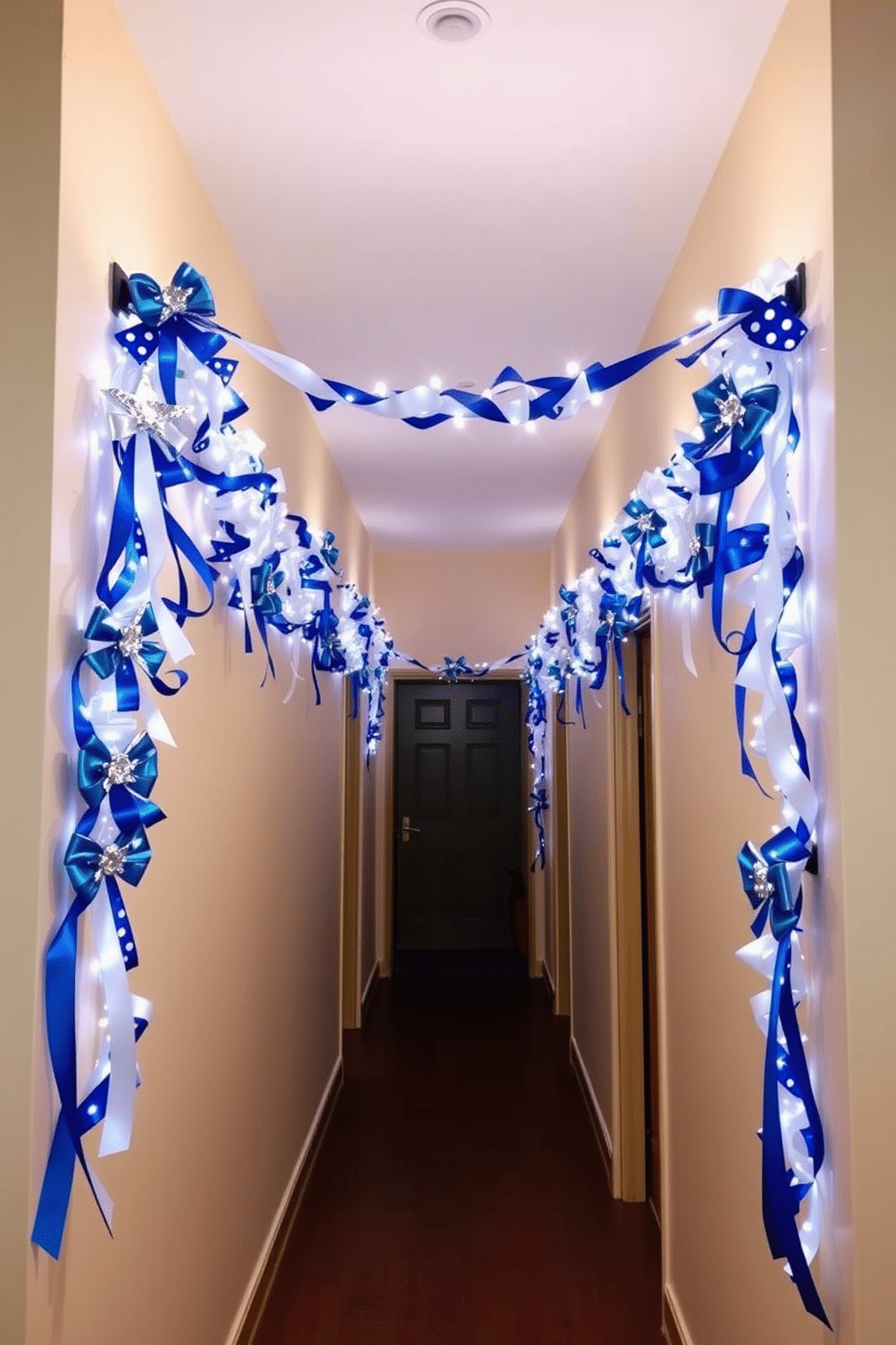 A festive hallway adorned with a blue and white ribbon garland, elegantly draped along the walls. The garland features intricate bows and sparkling accents, creating a cheerful atmosphere for Hanukkah celebrations.