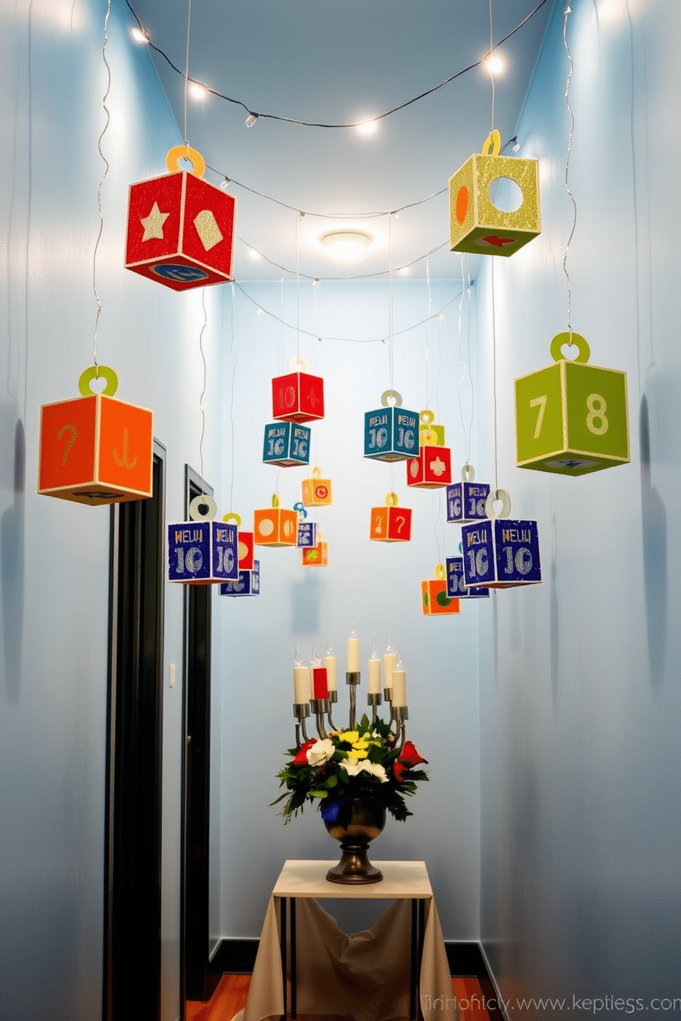 A whimsical hallway adorned with hanging dreidel mobiles, each crafted from colorful paper and shimmering foil. The walls are painted in soft blue, creating a serene backdrop for the festive decorations that sway gently with the breeze. Strings of lights are draped along the ceiling, casting a warm glow that enhances the holiday spirit. A small table at the end of the hallway displays a beautifully arranged centerpiece featuring traditional Hanukkah symbols, inviting guests to stop and admire the festive decor.