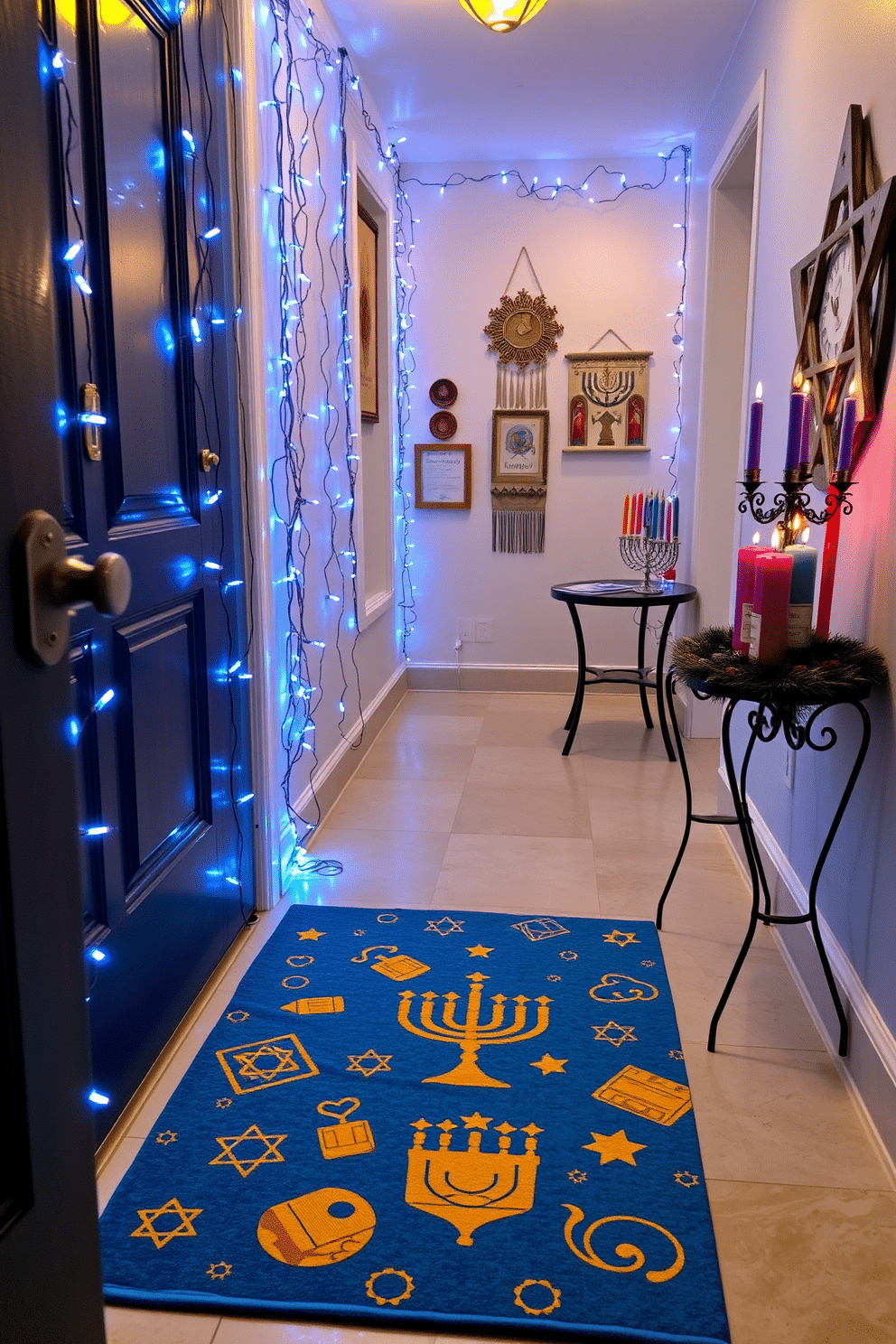 A festive Hanukkah-themed doormat welcomes guests with a vibrant blue background adorned with golden menorahs and silver stars of David. The design features playful patterns, including dreidels and gelt, creating a cheerful atmosphere right at the entrance. In the hallway, strings of blue and white lights drape along the walls, illuminating the space with a warm glow. Decorative wall hangings display traditional Hanukkah symbols, while a small table showcases a beautiful menorah and an assortment of colorful candles, enhancing the holiday spirit.