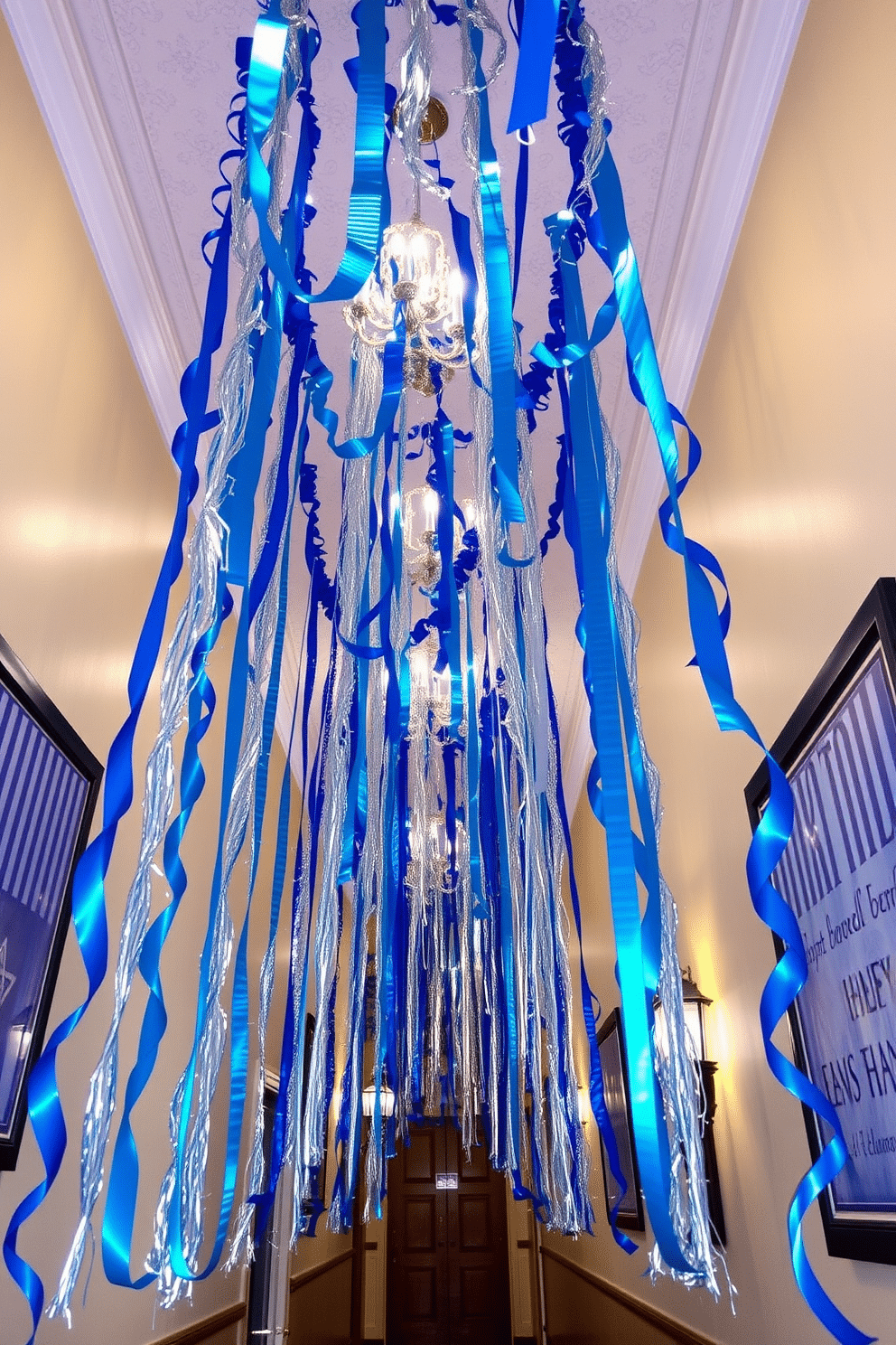 A festive hallway adorned with blue and silver streamers cascading from the ceiling, creating a vibrant atmosphere. The walls are decorated with elegant Hanukkah-themed artwork, featuring menorahs and dreidels, enhancing the celebratory spirit.