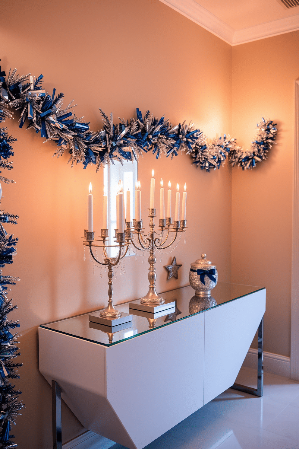 A beautifully decorated hallway for Hanukkah, featuring elegant Menorah candle holders on a sleek console table. The walls are adorned with festive garlands of blue and silver, while soft, warm lighting creates a welcoming atmosphere.