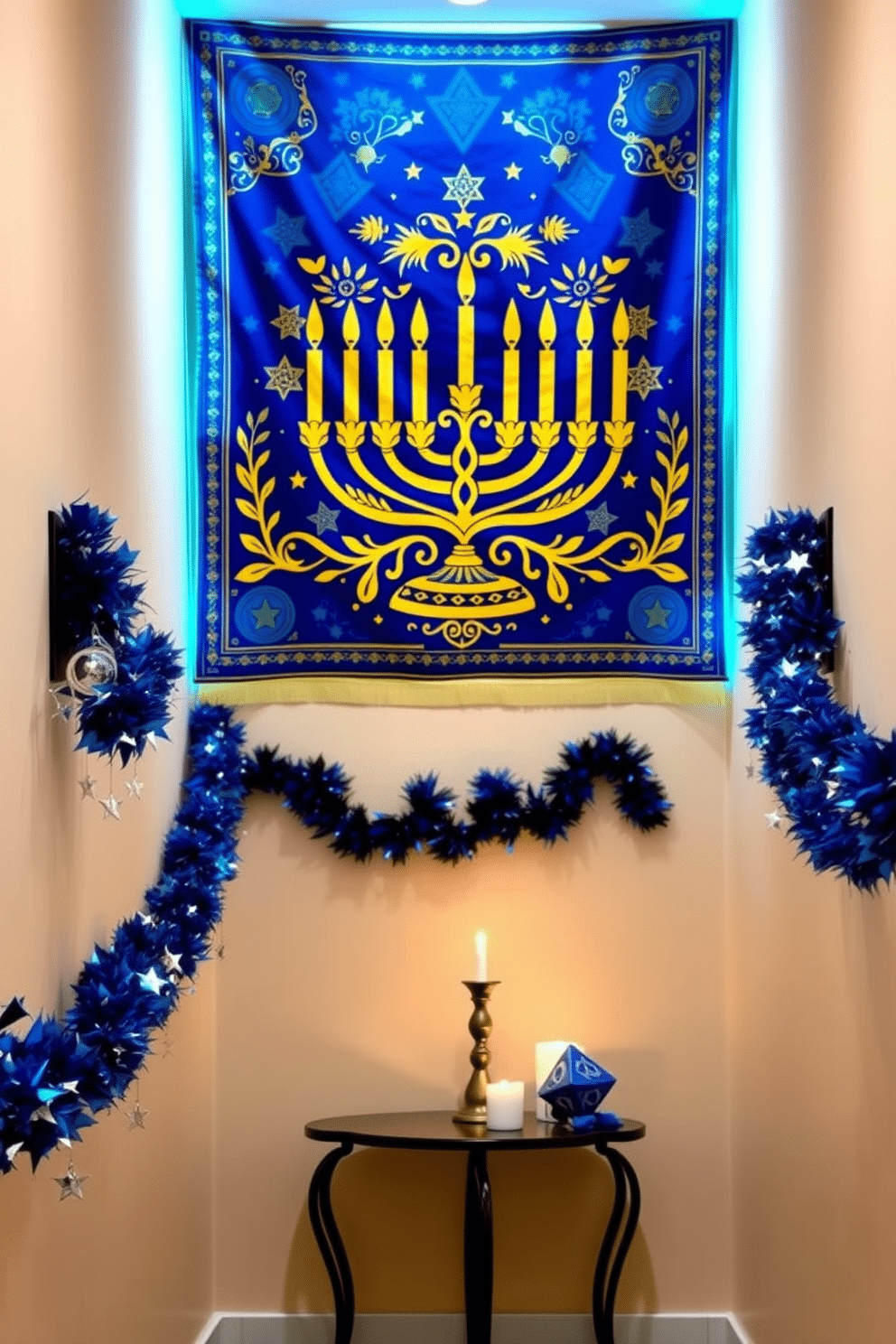 A Hanukkah-themed wall tapestry hangs prominently in the hallway, featuring vibrant blue and gold hues with intricate designs of menorahs and dreidels. Soft, ambient lighting illuminates the tapestry, creating a warm and inviting atmosphere that celebrates the spirit of the holiday. In the hallway, decorative elements such as garlands of blue and silver stars complement the tapestry, enhancing the festive decor. A small table adorned with candles and a decorative dreidel adds an elegant touch, inviting guests to appreciate the holiday's significance.