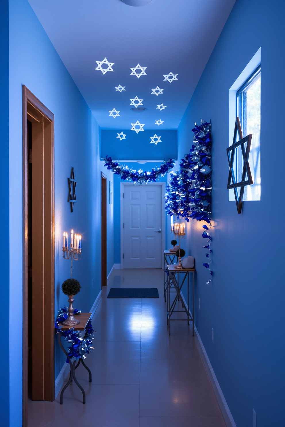 A serene hallway adorned with Star of David window clings that catch the light beautifully. The walls are painted a soft blue, providing a calming backdrop for festive decorations that celebrate Hanukkah. Colorful garlands of blue and silver hang gracefully along the hallway, enhancing the festive atmosphere. Illuminated menorahs are placed on small tables, casting a warm glow that invites family and friends to gather.