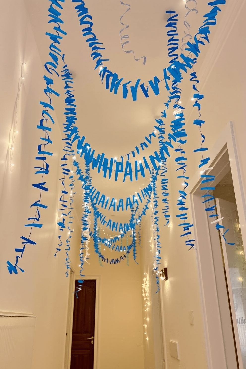 A festive hallway adorned with blue and white paper chains drapes elegantly from the ceiling, creating a cheerful atmosphere for Hanukkah celebrations. The walls are painted in a soft white, allowing the vibrant colors of the decorations to stand out, while twinkling fairy lights add a warm glow to the space.