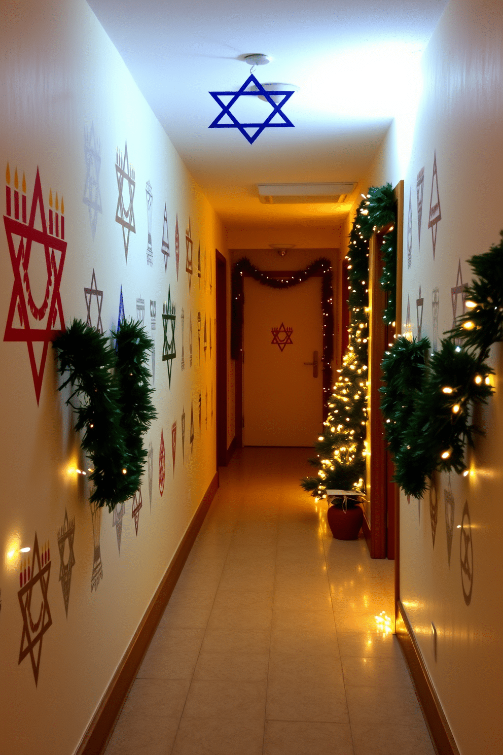 A hallway adorned with Menorah-themed wall decals creates a festive and inviting atmosphere for Hanukkah celebrations. The decals feature intricate designs in vibrant colors, showcasing traditional symbols and patterns that enhance the holiday spirit. Soft, warm lighting illuminates the hallway, highlighting the decorations while creating a cozy ambiance. Complement the wall decals with decorative garlands and twinkling fairy lights to complete the festive look.