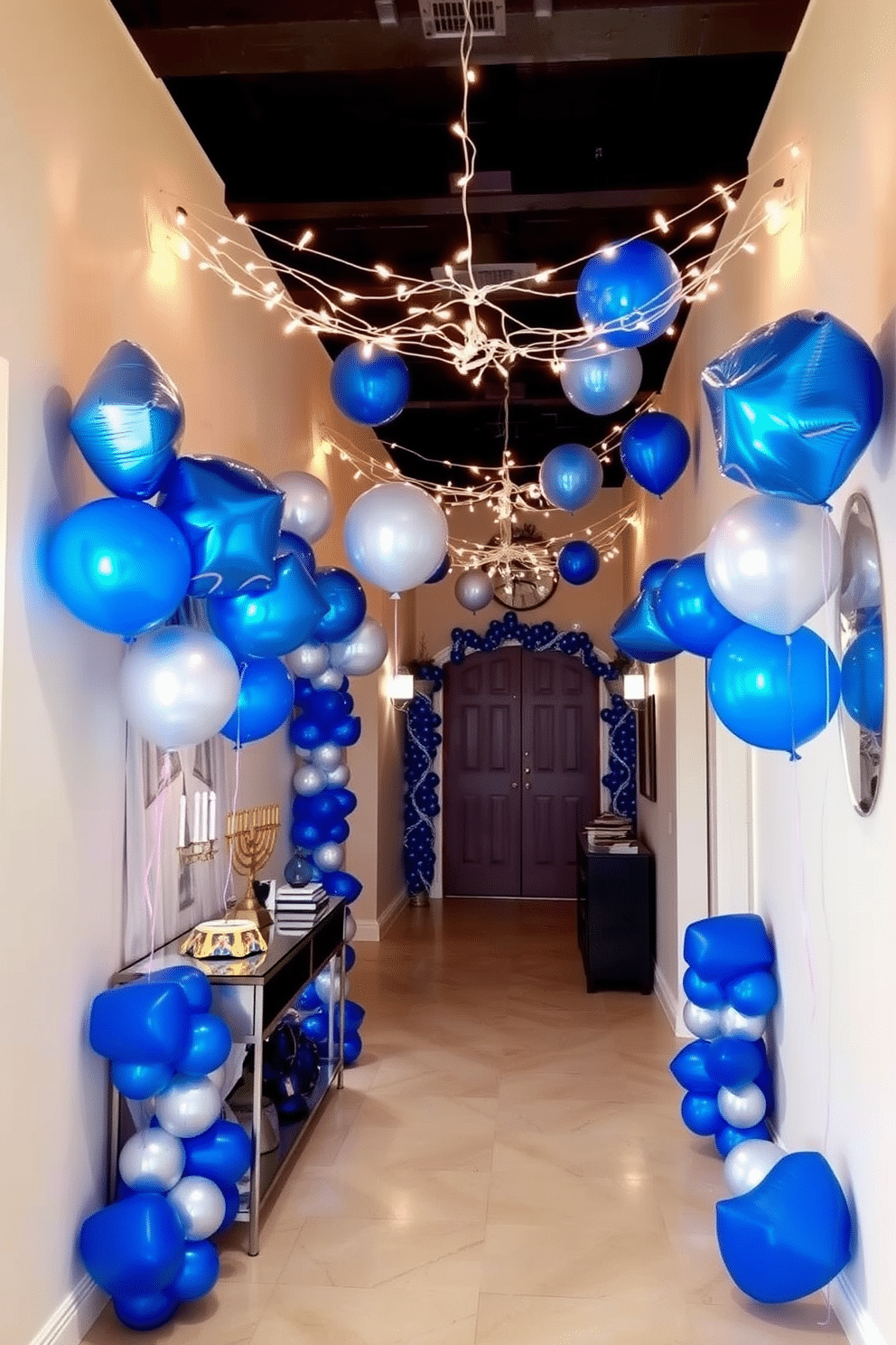 A festive hallway adorned with blue and silver foil balloons, creating a vibrant atmosphere for Hanukkah celebrations. The balloons are strategically placed along the walls, with some floating at varying heights to add dimension and cheer. Twinkling string lights are draped overhead, casting a warm glow that complements the blue and silver theme. Decorative elements like menorahs and dreidels are showcased on console tables, enhancing the holiday spirit in the hallway.