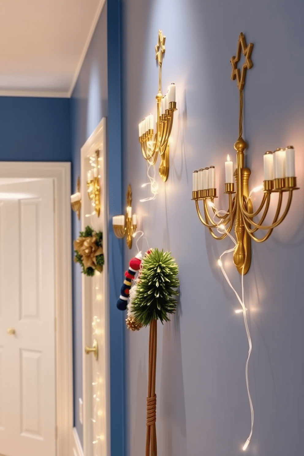 A stylish hallway adorned with Menorah-shaped wall hooks, each crafted from polished brass, elegantly displaying festive decorations. The walls are painted a soft blue, complementing the warm glow of string lights that weave through the hooks, creating a welcoming atmosphere for Hanukkah celebrations.