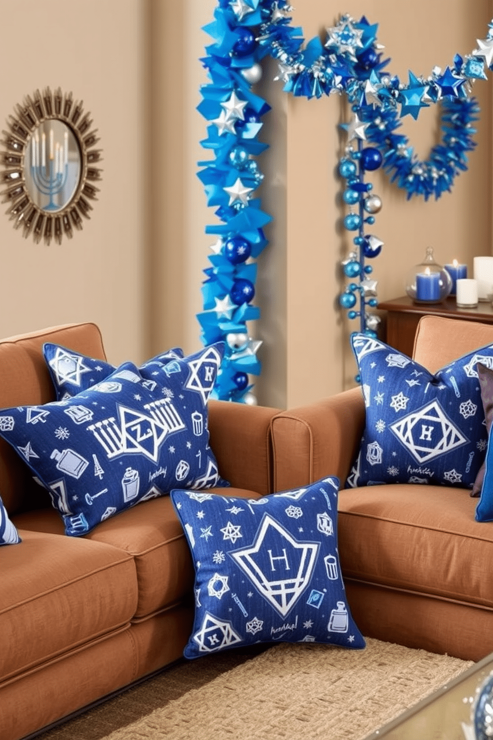 Hanukkah-themed throw pillows featuring vibrant blue and white patterns with symbols like menorahs and dreidels. These pillows are plush and cozy, perfect for adding a festive touch to your living room seating. For hallway Hanukkah decorating ideas, consider stringing blue and silver garlands along the walls, interspersed with star-shaped ornaments. Add a few small table displays with candles and decorative items that reflect the spirit of the holiday.