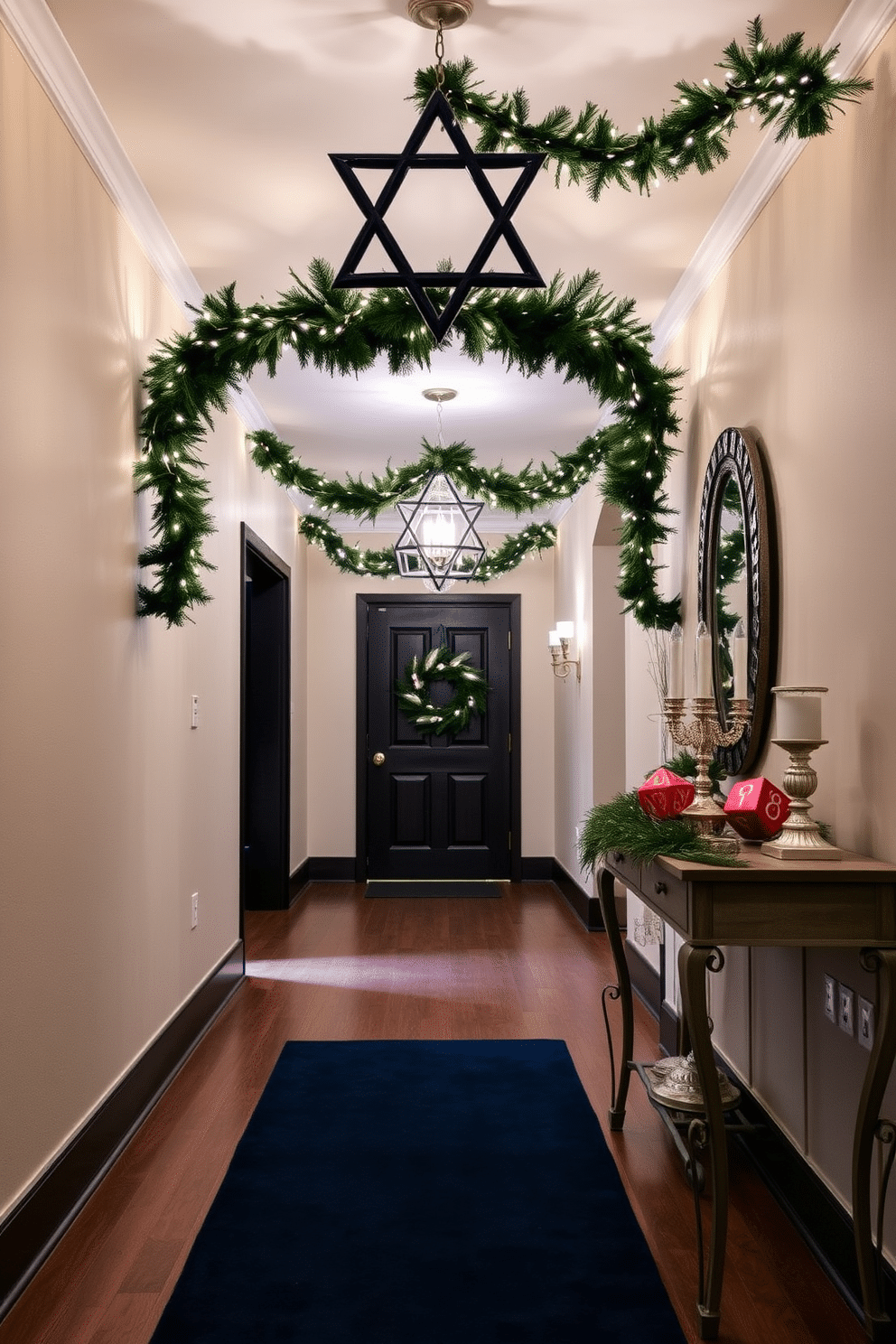 A festive hallway adorned with a Star of David garland drapes elegantly across the ceiling, creating a warm and inviting atmosphere. Soft, twinkling lights illuminate the garland, casting a gentle glow on the surrounding walls. The floor is lined with a plush, navy blue runner that complements the decor, while decorative menorahs and vibrant dreidels are tastefully arranged on a console table nearby. Fresh greenery and silver accents enhance the holiday spirit, making the space feel joyful and celebratory.