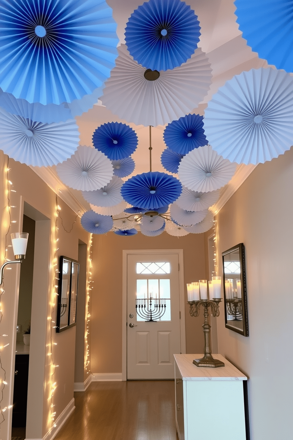 A serene hallway decorated for Hanukkah features blue and white paper fans adorning the ceiling, creating a festive atmosphere. The walls are adorned with subtle, twinkling string lights, enhancing the warmth of the space while traditional menorahs are placed on a console table, adding a touch of elegance.