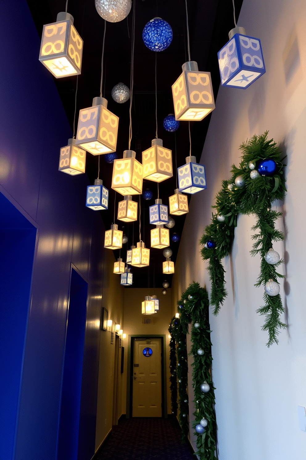 A festive hallway adorned with dreidel-shaped hanging lights that cast a warm, inviting glow. The walls are decorated with vibrant blue and silver accents, complemented by garlands of greenery and ornaments that celebrate the spirit of Hanukkah.