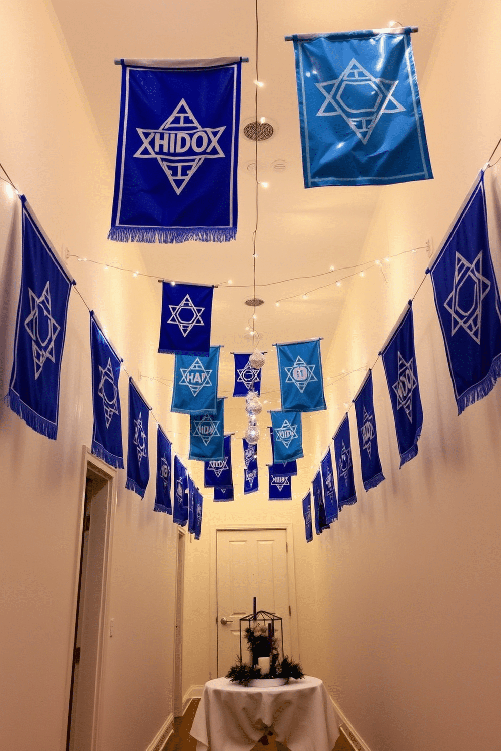 A festive hallway adorned with Hanukkah-themed fabric banners that feature vibrant blue and silver colors, depicting symbols such as the menorah and dreidels. The banners hang gracefully from the ceiling, creating a warm and inviting atmosphere filled with holiday spirit. The walls are painted a soft white, allowing the banners to stand out, while string lights twinkle overhead, adding a cozy glow. A small table at the end of the hallway displays a beautifully arranged centerpiece with candles and seasonal decorations, enhancing the festive decor.