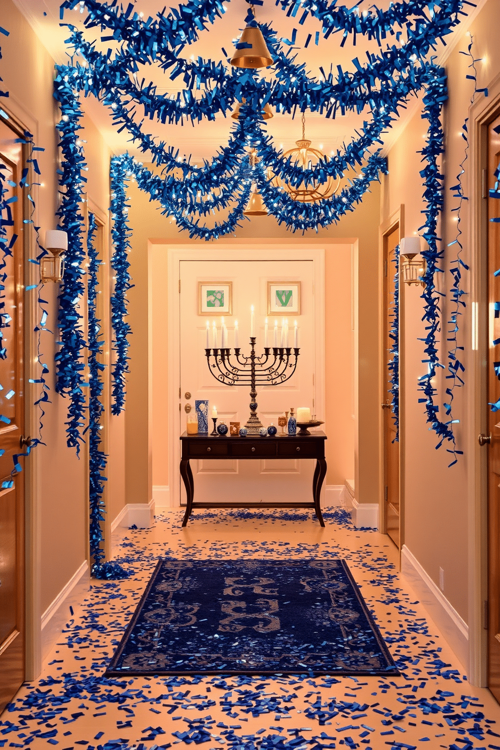 A festive hallway adorned with blue and silver confetti creates a vibrant atmosphere for Hanukkah celebrations. The walls are draped with shimmering blue and silver garlands, while twinkling string lights illuminate the space, adding warmth and joy. At the entrance, a beautifully decorated menorah sits on a console table, surrounded by colorful dreidels and candles. The floor is sprinkled with confetti, enhancing the celebratory feel, and a cozy rug in shades of blue provides a welcoming touch.