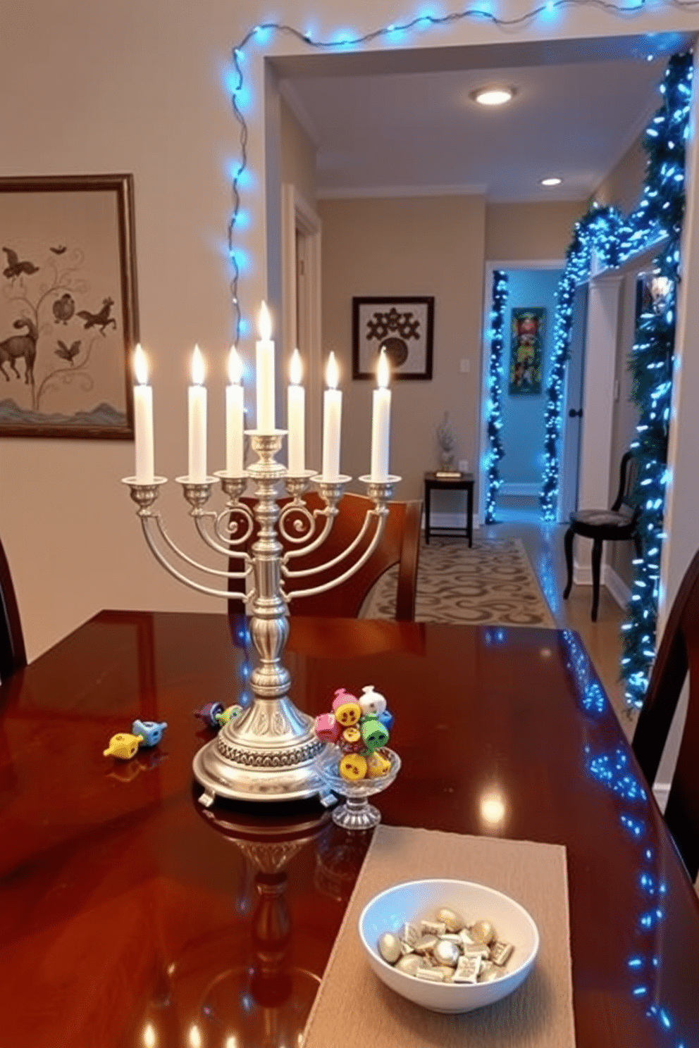 A stunning Menorah centerpiece display is elegantly arranged on a polished wooden dining table. The Menorah is made of silver, adorned with intricate designs, and surrounded by a collection of colorful glass dreidels and candles in vibrant hues. The hallway features tasteful Hanukkah decorating ideas, with garlands of blue and white lights draping along the walls. Decorative wall art depicting traditional Hanukkah symbols adds a festive touch, while a small table at the entrance holds a bowl of gelt for guests.