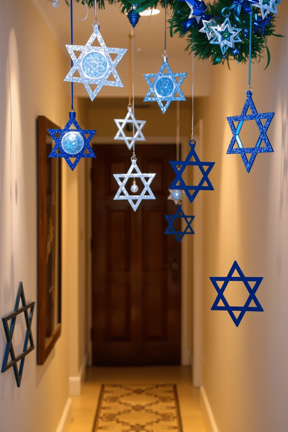 A festive hallway adorned for Hanukkah features elegant Star of David hanging ornaments in various sizes, crafted from shimmering blue and silver materials. Soft, warm lighting enhances the ambiance, casting gentle reflections off the ornaments, creating a magical atmosphere for the celebration.