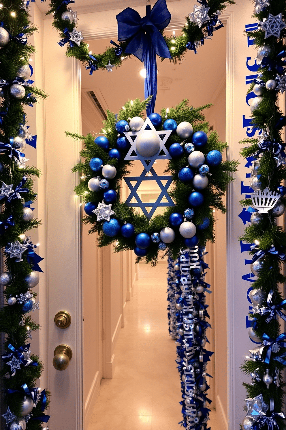 A festive Hanukkah-themed door wreath adorned with blue and silver ornaments, featuring a large Star of David at the center. Surrounding the wreath are sprigs of evergreen and delicate white lights that twinkle softly in the evening. The hallway is decorated with a series of hanging blue and silver garlands, interspersed with menorah motifs. Soft, warm lighting enhances the ambiance, creating a cozy atmosphere that invites guests to celebrate the season.