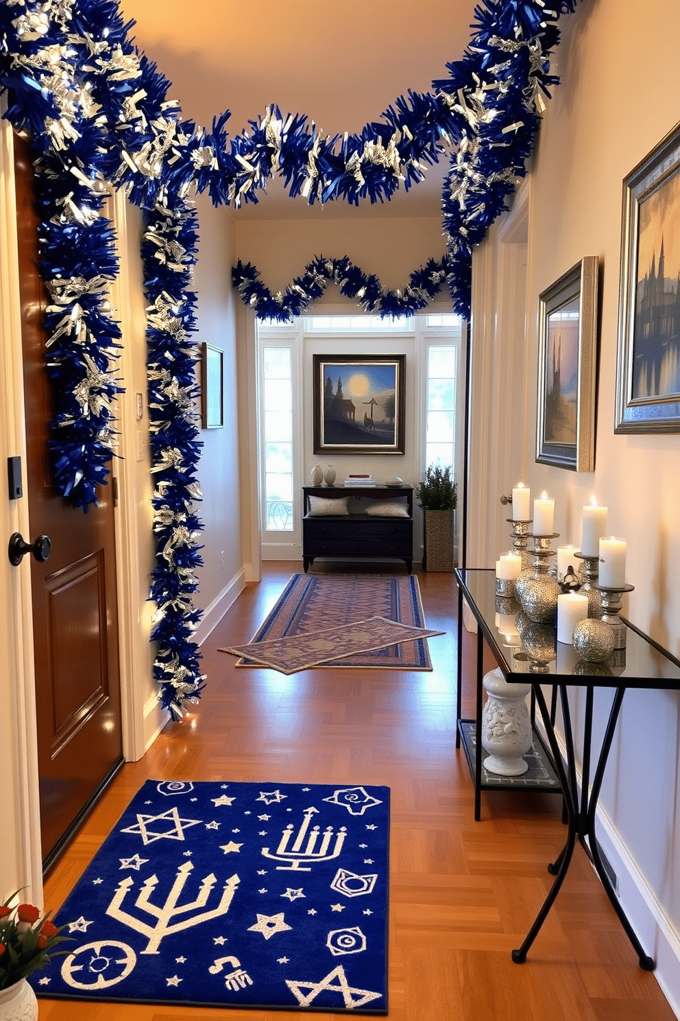 A Hanukkah-themed welcome mat greets guests with a vibrant blue background adorned with white and silver menorahs, dreidels, and Stars of David. This festive addition sets a warm and inviting tone for the home, celebrating the spirit of the holiday season. In the hallway, elegant decorations create a welcoming atmosphere, featuring garlands of blue and silver tinsel intertwined with soft white lights. Framed art depicting Hanukkah scenes hangs on the walls, complemented by decorative candles placed on side tables to enhance the festive ambiance.