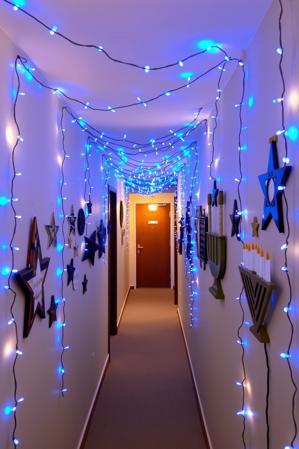 A cozy hallway adorned with blue LED string lights creates a warm and inviting atmosphere for Hanukkah celebrations. The walls are lined with festive decorations, including handmade stars and traditional menorahs, enhancing the joyful spirit of the holiday.