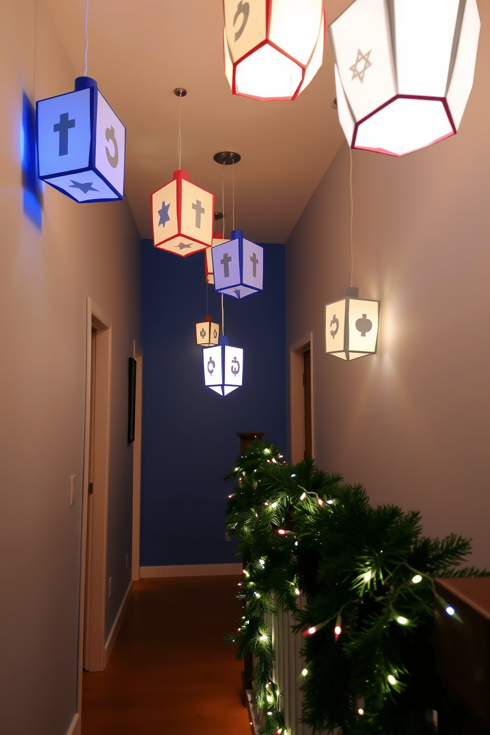 A festive hallway adorned with dreidel-shaped paper lanterns, hanging gracefully from the ceiling. The walls are painted in a soft blue, complementing the warm glow of the lanterns, while a garland of evergreen branches runs along the banister, dotted with twinkling fairy lights.