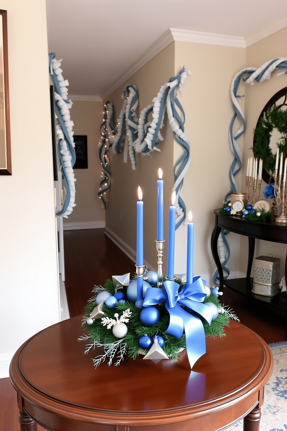 A beautifully arranged Hanukkah wreath adorned with blue and silver candles sits prominently on a wooden table. The wreath features intricate details, including twinkling lights and festive ornaments that capture the spirit of the holiday. In a cozy hallway, elegant decorations create a warm atmosphere for Hanukkah. Soft blue and white garlands drape along the walls, while tasteful menorahs and dreidels are artfully displayed on a console table, enhancing the festive ambiance.