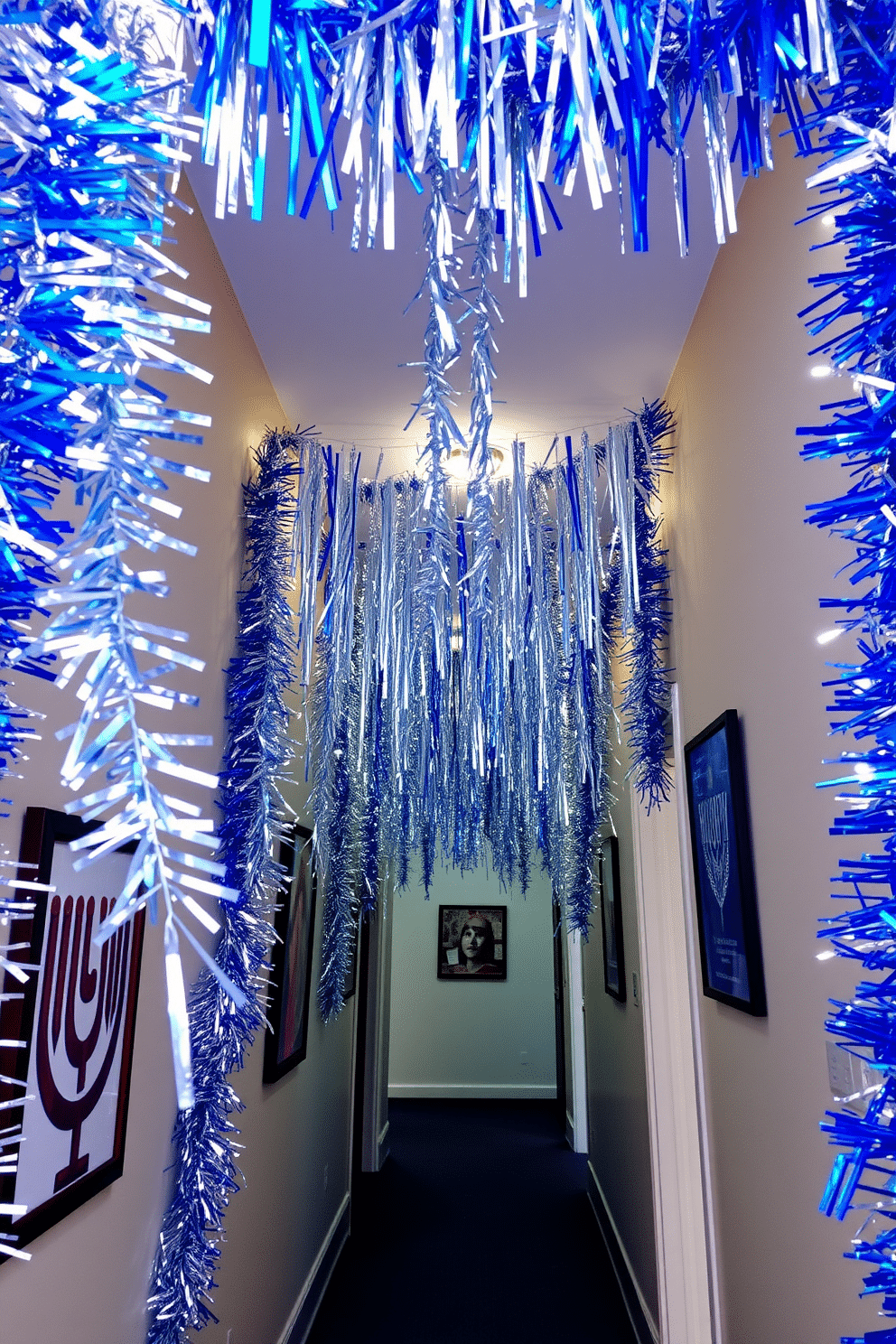 A festive hallway adorned with shimmering silver and blue tinsel, cascading elegantly from the ceiling to create a whimsical atmosphere. The walls are decorated with Hanukkah-themed artwork, and soft white string lights illuminate the space, enhancing the celebratory mood.