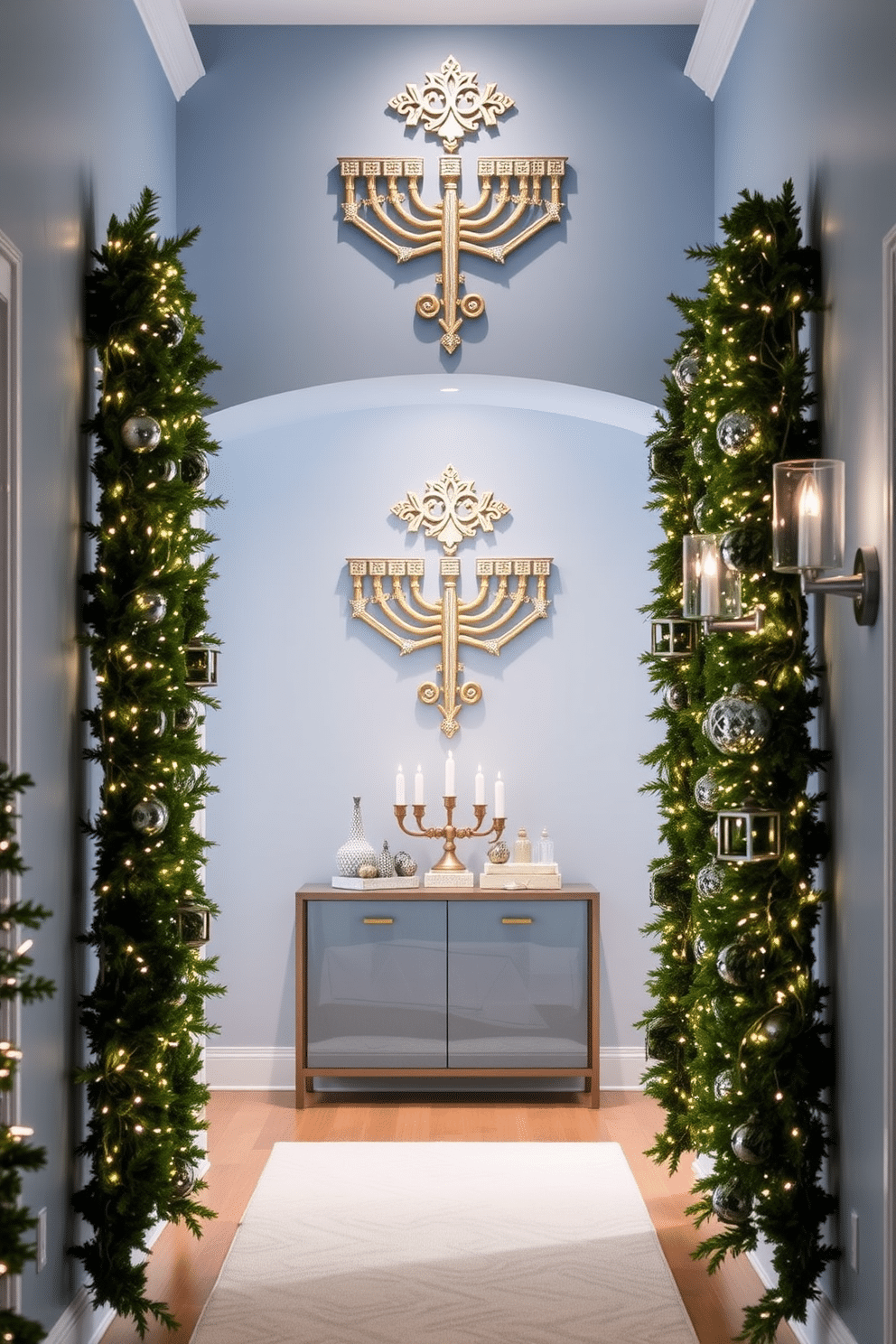 A stunning hallway adorned with Menorah wall art, featuring intricate designs in gold and silver that catch the light beautifully. The walls are painted in a soft blue hue, creating a serene backdrop for the festive decorations. Flanking the hallway, elegant garlands of greenery are interspersed with twinkling white lights, enhancing the holiday spirit. On a console table, a collection of decorative dreidels and candles adds a charming touch to the Hanukkah theme.