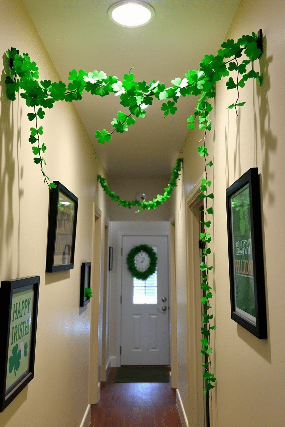 A festive hallway decorated for St. Patrick's Day features a vibrant green shamrock garland elegantly hung overhead, creating a cheerful atmosphere. The walls are adorned with playful accents, including framed art pieces celebrating Irish culture and holiday motifs.