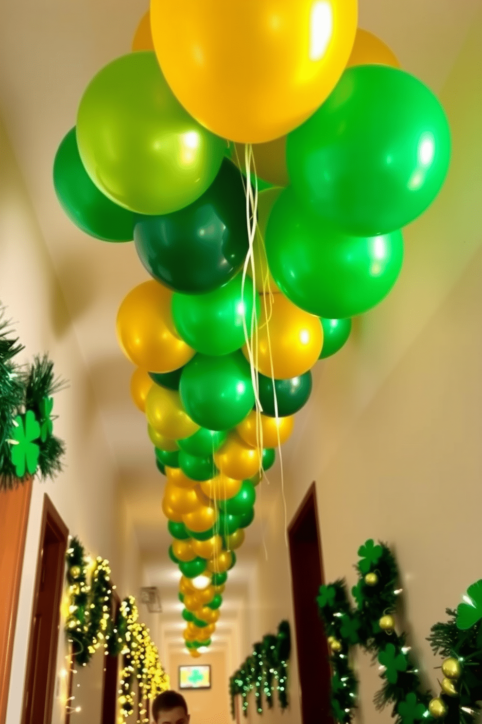 A festive hallway adorned with clusters of gold and green balloons, creating a vibrant atmosphere for St. Patrick's Day. The balloons float gracefully above, complementing the cheerful decorations that line the walls, including shamrock garlands and twinkling fairy lights.