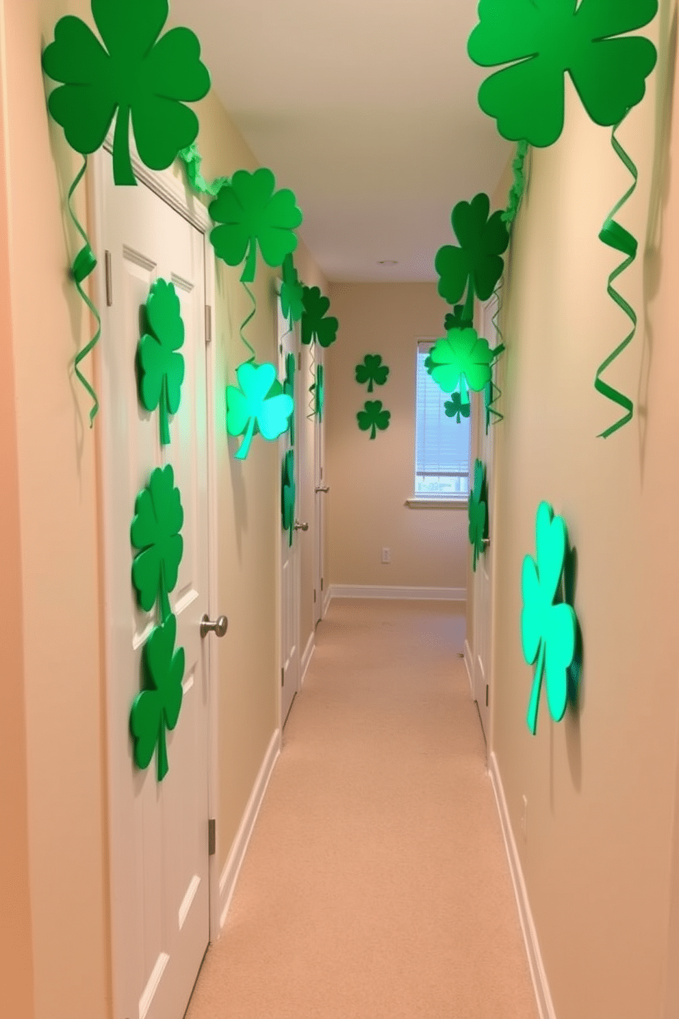 A charming hallway adorned with shamrock cutouts on the doors, celebrating the spirit of St. Patrick's Day. The walls are painted in a soft cream color, creating a warm backdrop for the vibrant green decorations that hang from the door frames.