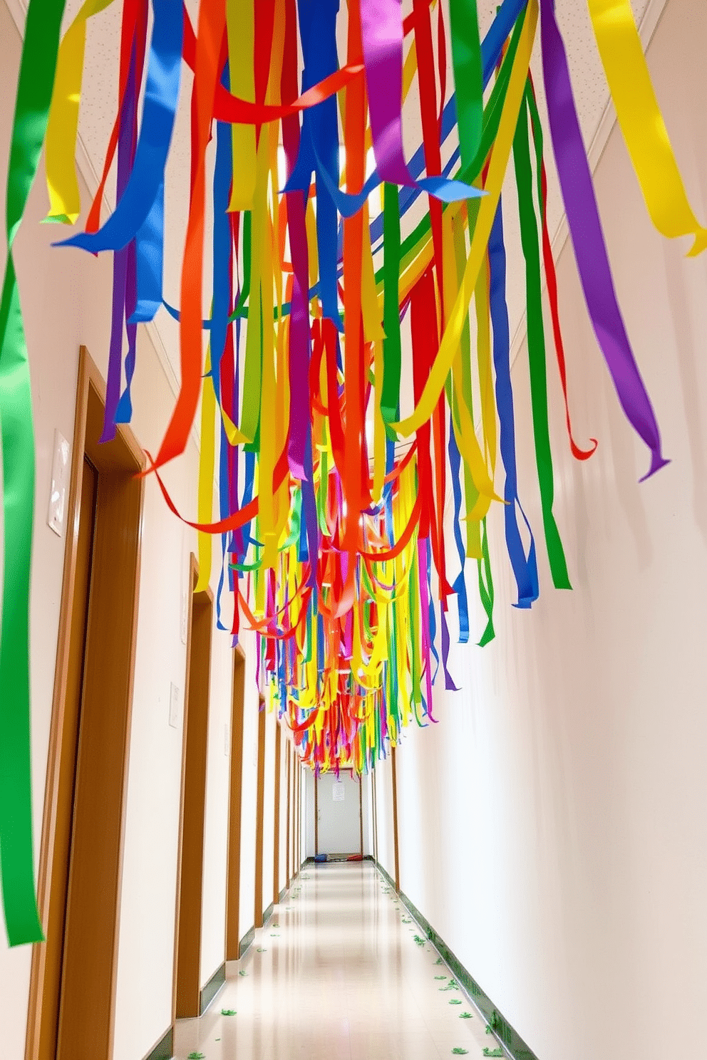 A vibrant hallway adorned with colorful rainbow streamers cascading from the ceiling, creating a festive atmosphere. The walls are painted a crisp white, allowing the bright colors to pop, while small green shamrocks are scattered along the baseboards to celebrate St. Patrick's Day.