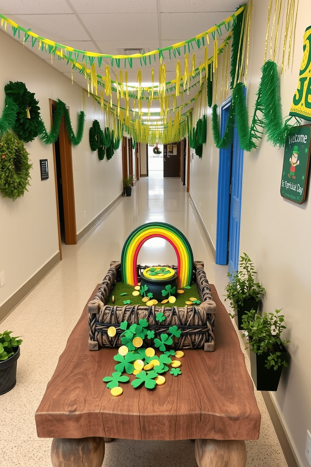 A whimsical leprechaun trap display is set up on a rustic wooden table, featuring a miniature rainbow arching over a pot of gold. Surrounding the trap are vibrant green shamrocks and playful gold coins scattered across a soft, mossy base. The hallway is adorned with festive St. Patrick's Day decorations, including garlands of green and gold streamers hanging from the ceiling. A charming welcome sign featuring a leprechaun and a cheerful message greets guests as they enter, complemented by potted shamrock plants lining the walls.