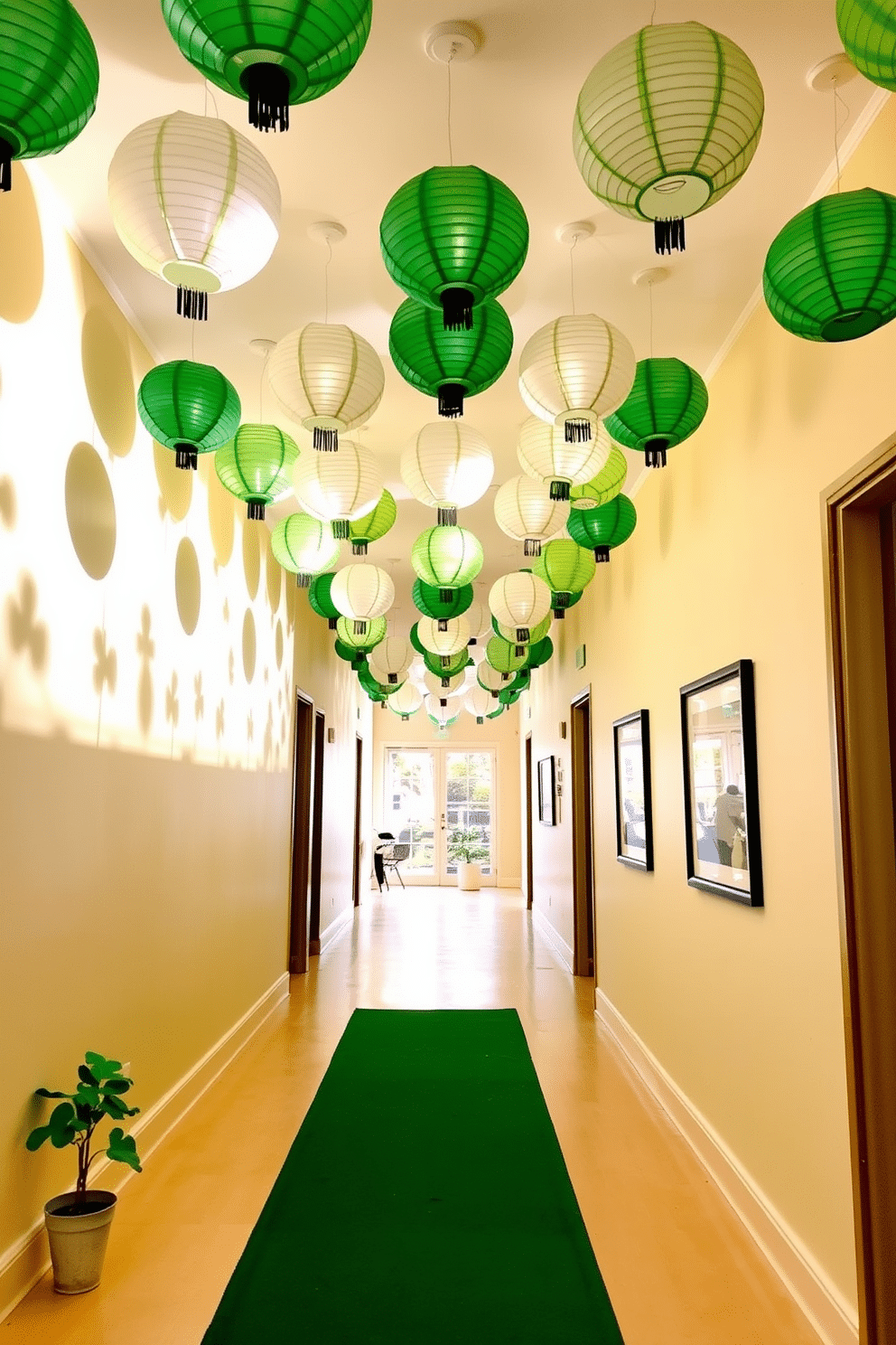 A festive hallway adorned with green and white paper lanterns, creating a cheerful atmosphere for St. Patrick's Day. The lanterns hang at varying heights from the ceiling, casting playful shadows on the walls painted in a soft cream color. On the floor, a vibrant green runner leads guests through the space, while small potted shamrocks are placed strategically along the sides. The walls are decorated with framed prints of Irish landscapes, adding to the celebration of the holiday.