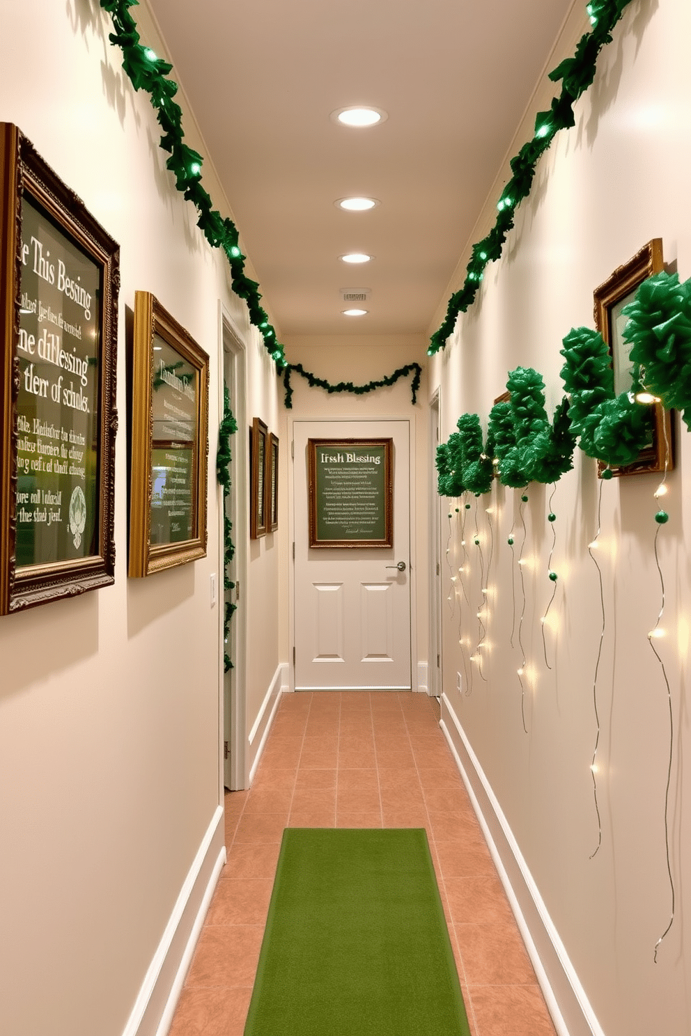 A charming hallway adorned with framed Irish blessing quotes, each elegantly presented in ornate gold frames. The walls are painted a soft cream, and decorative green garlands drape along the edges, adding a festive touch for St. Patrick's Day. Colorful St. Patrick's Day decorations line the hallway, including hanging shamrocks and twinkling fairy lights. A welcoming green runner carpet leads the way, enhancing the cheerful atmosphere of the space.