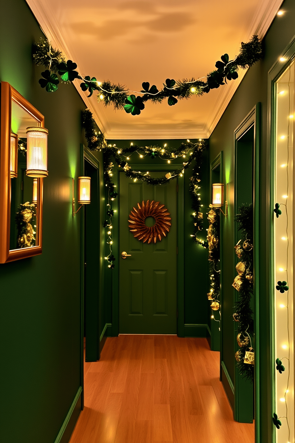 A stylish hallway adorned for St. Patrick's Day features gold glitter accents that shimmer against a backdrop of deep green walls. The space is enhanced with festive garlands made of shamrocks and twinkling fairy lights, creating a warm and inviting atmosphere.