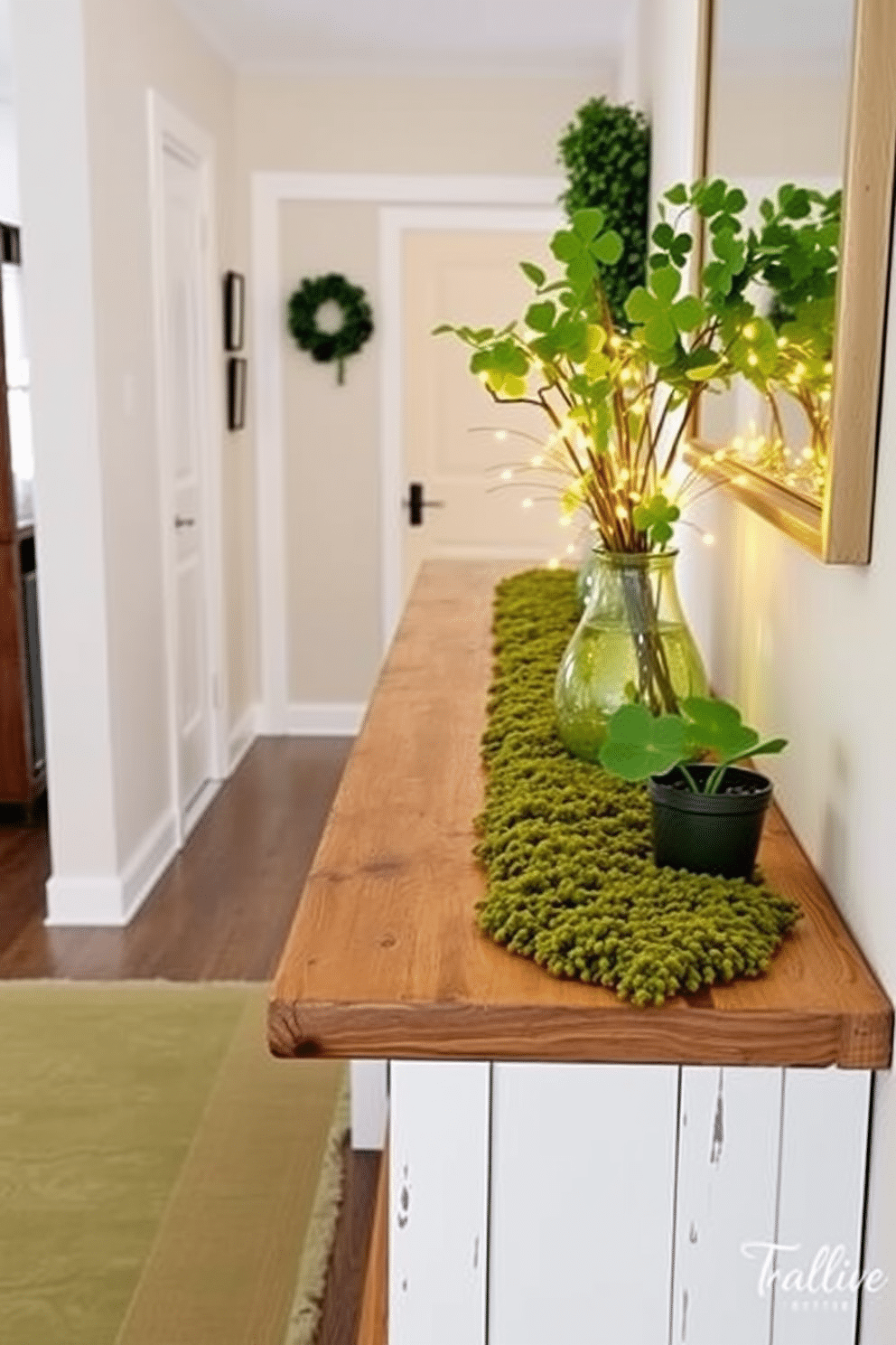 A charming hallway adorned for St. Patrick's Day features a lush clover and moss table runner that stretches elegantly across a rustic wooden console table. Soft green and gold accents complement the decor, with small potted shamrocks and twinkling fairy lights adding a festive touch.