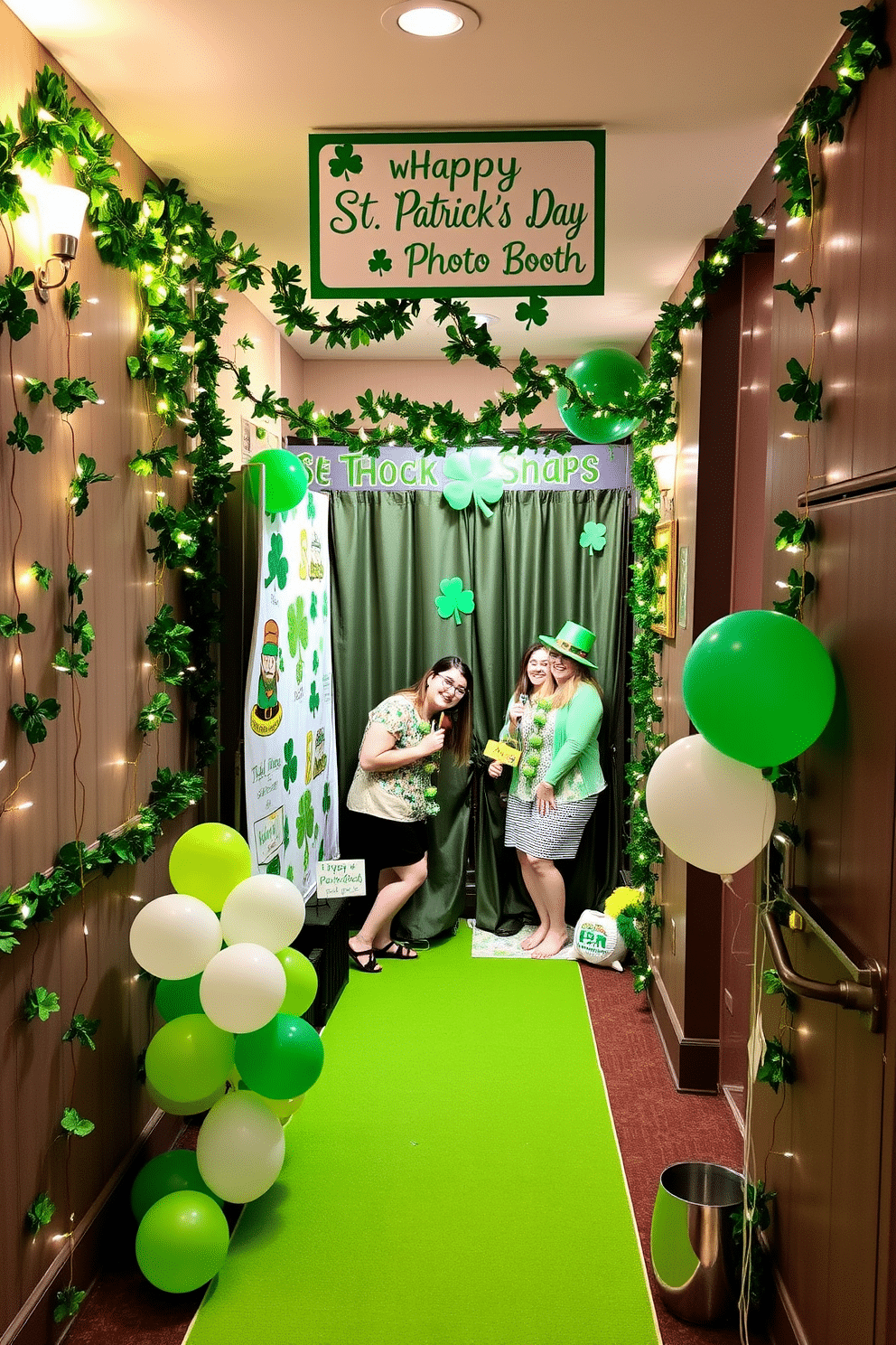 A vibrant St. Patrick's Day themed photo booth adorned with green and gold decorations. A backdrop featuring shamrocks and leprechauns sets the scene, while props like hats, glasses, and festive signs invite guests to pose. The hallway is transformed with garlands of shamrocks and twinkling fairy lights. Green and white balloons are strategically placed, and a welcoming sign with 