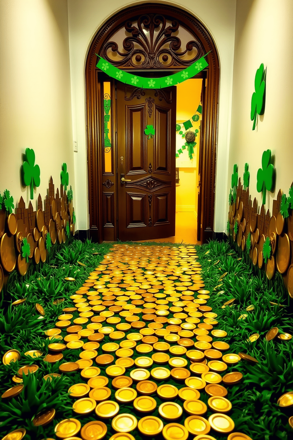 A gold coin pathway leads up to an ornate door, creating a whimsical entrance that captures the spirit of celebration. The pathway is lined with lush green grass and adorned with small, festive decorations to enhance the St. Patrick's Day theme. The hallway features cheerful decorations that reflect the holiday's vibrant colors, including green banners and shamrock motifs. Warm lighting illuminates the space, creating an inviting atmosphere perfect for welcoming guests.